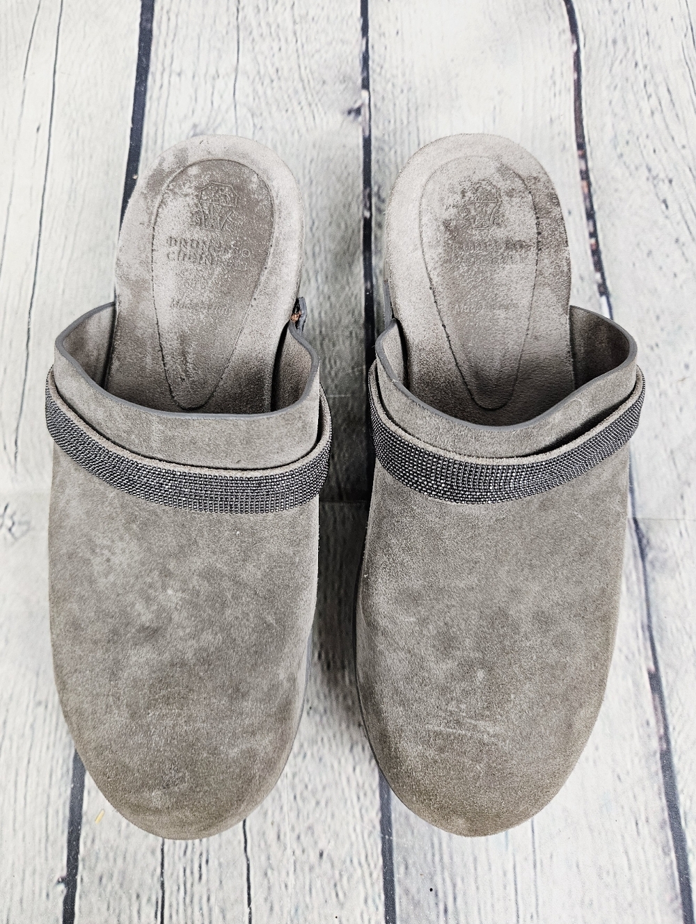 BRUNELLO CUCINELLI | Monili suede leather glitter accent slip-on clog - Picture 4 of 12